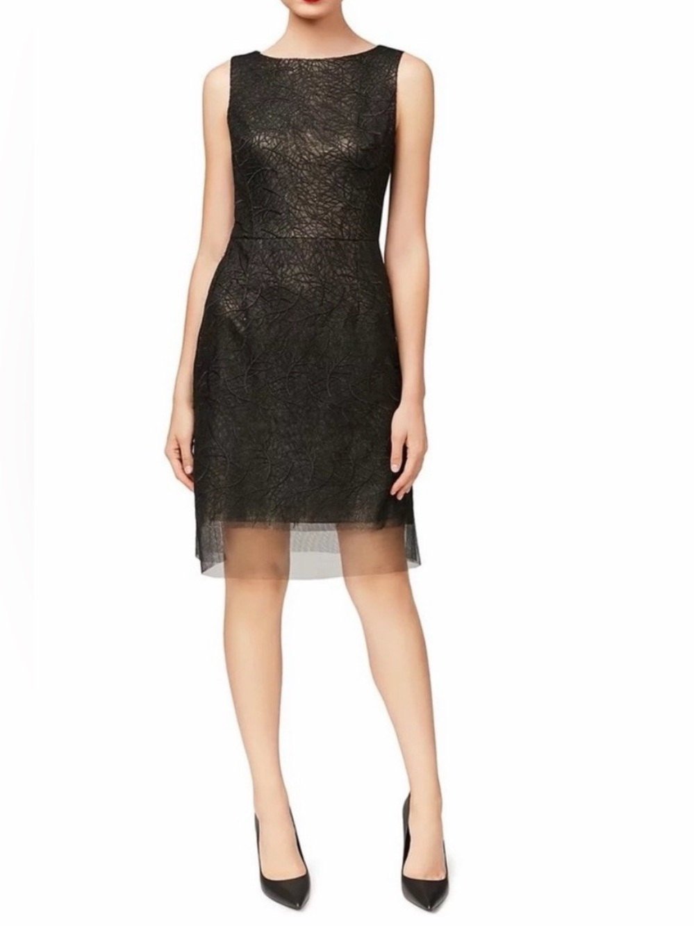 Betsey Johnson Black Textured Mesh Overlay Gold Underlay Sheath Dress 6